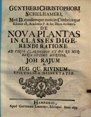 De nova plantas in classes digerendi ratione ad Johannem Rajum et Augustum Quirinum Rivinum : Epistolica dissertatione