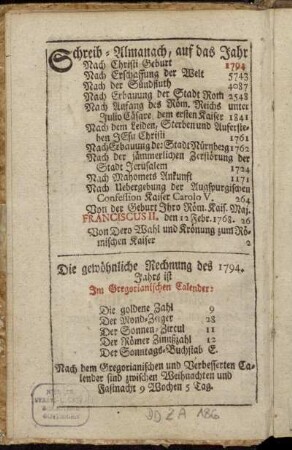 Schreib-Almanach, auf das Jahr 1794 - Die gewöhnliche Rechnung des 1794. Jahr ist...