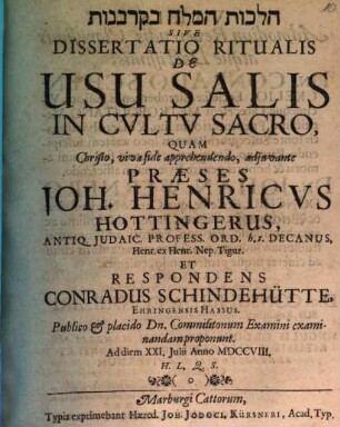 Hilkhot ha-melaḥ be-ḳorbanot Sive Dissertatio Ritualis De Usu Salis In Cvltv Sacro