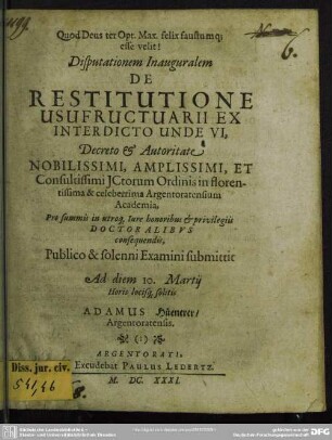 De restitutione usufructuarii : ex interdicto unde vi