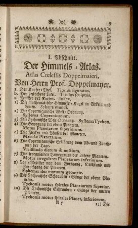 I. Abschnitt. Der Himmels-Atlas. = Atlas Cœlestis Doppelmaieri. Von Herrn Prof. Doppelmayer.