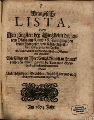 Frantzösische Lista derer ... bey Sintzheim zwischen den Frantzosen und Kayserlich-Alliirten fürgegangenen Treffen