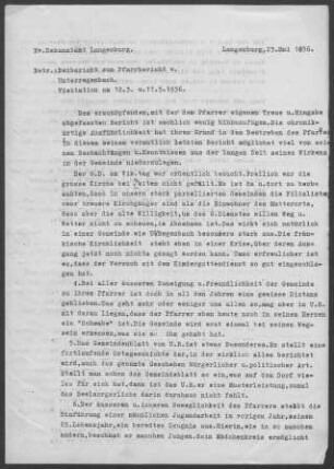 Unterregenbach-Eberbach mit Laßbach und Sonnhofen: Visitationsbericht ("Beibericht") mit Pfarrbericht 1936