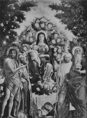 Maria mit Kind von Engeln umgeben, mit Johannes dem Täufer, Hieronymus, Gregor dem Großen und Benedikt, sog. Trivulzio-Madonna