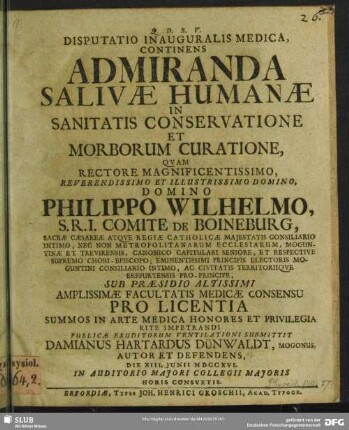Disputatio Inauguralis Medica, Continens Admiranda Salivae Humanae In Sanitatis Conservatione Et Morborum Curatione