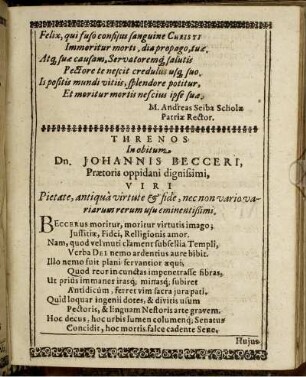Threnos In obitum Dn. Johannis Becceri ...