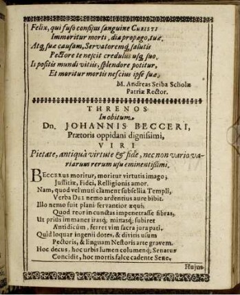 Threnos In obitum Dn. Johannis Becceri ...