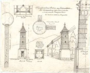 Thiersch, August ; Transformationsstationen, Masttransformatoren, Entwürfe - Grundriss, Teilgrundriss, Ansicht, Schnitte, Perspektive, Detail