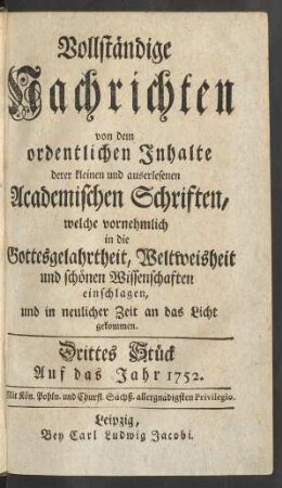 Drittes Stück. Auf das Jahr 1752