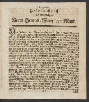 Kurzgefaßter Lebens-Lauff des Wohlseeligen Herrn General-Major von Mayr.