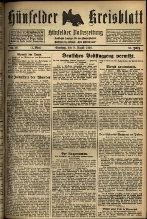 Erste Ausgabe vom Samstag, den 09. August 1930.