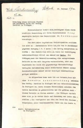Schreiben Naturaliensammlung an Kultminister