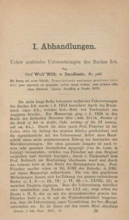 601-605 Ueber arabische Uebersetzungen des Buches Iob