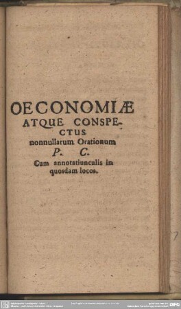Oeconomiae Atque Conspectus nonnullarum Orationum