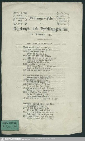 Zur Stiftungs-Feier des Erziehungs- und Fortbildungsvereins, 10. November 1849