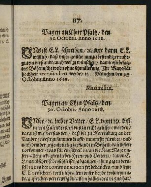 117, Bayrn an Chur Pfaltz den 30. Octobris Anno 1618