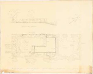 Garten Schollmeyer, Berlin-Grunewald: Ansicht der Pergola, Lageplan mit Gartenplan 1:100