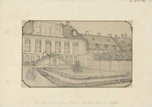 Die Gartenseite des Palais Brühl (1753-1900) auf der Brühlschen Terrasse in Dresden, im Vordergrund das ehemalige Bassin mit Springbrunnen