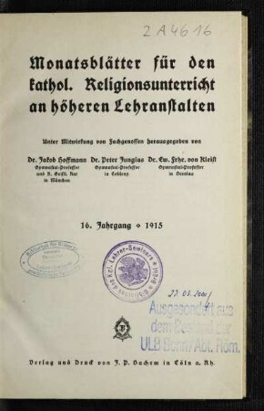 16: Monatsblätter für den katholischen Religionsunterricht an höheren Lehranstalten - 16. 1915