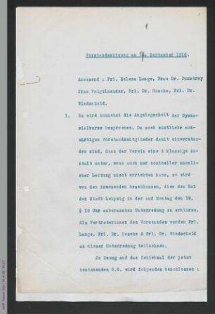 Protokolle Vorstandssitzungen September 1910