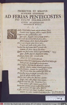 Prorector Et Senatus Academiae Kiloniensis Ad Ferias Pentecostes Pio Cultu Celebranndas Cives Academicos Hortatur Et Invitat