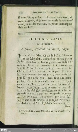 Lettre XXXIX. A la même. A Paris, Vendredi 10. Avril, 1671