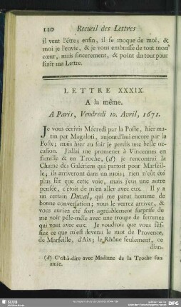 Lettre XXXIX. A la même. A Paris, Vendredi 10. Avril, 1671