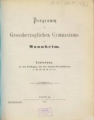 Programm des Grossherzoglichen Gymnasiums in Mannheim, 1877/78