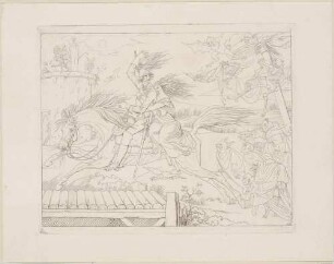 Zu Bürgers "Leonore", Blatt 5: Leonore und Wilhelm zu Pferde von Ungeheuern und Gerippen verfolgt