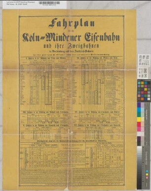 Fahrplan für die Köln-Mindener Eisenbahn und ihre Zweigbahnen in Verbindung mit den Anschluß-Bahnen für die Zeit vom 20. Oktober 1856 bis auf weitere Bekanntmachung. Druck von M. DuMont-Schauberg in Köln