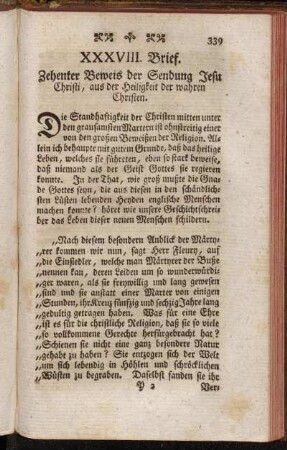 XXXVIII. Brief. Zehenter Beweis der Sendung Jesu Christi, aus der Heiligkeit der wahren Christen.