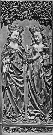 Heilsbronn, ehem. Zisterzienserklosterkirche, Hochaltar, lk. Flügel, Innen, Hl. Katharina; Hl. Barbara