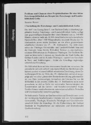 Probleme und Chancen einer Projektteilnahme für eine kleine Forschungsbibliothek am Beispiel der Forschungs- und Landesbibliothek Gotha