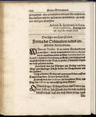 Das Achte und Letzte Capitel. Forma der Ordination newer angehender Kirchendiener.