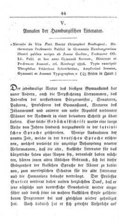 V. Annalen der Hamburgischen Litteratur.