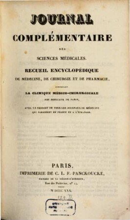 Journal complémentaire du dictionaire des sciences médicales. 35. 1830