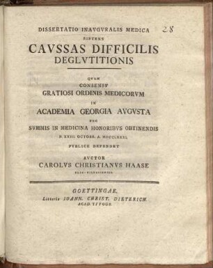Dissertatio Inauguralis Medica Sistens Caussas Difficilis Deglutitionis