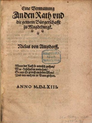 Eine Vermanung an den Rath und die gemein Bürgerschafft zu Magdeburgk