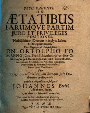 De aetatibus earumqve partim jure et privilegiis positiones