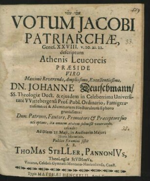 Votum Jacobi Patriarchae, Genes. XXVIII. v. 20. 21. 22. descriptum