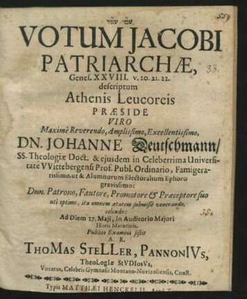 Votum Jacobi Patriarchae, Genes. XXVIII. v. 20. 21. 22. descriptum