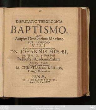 Disputatio Theologica De Baptismo