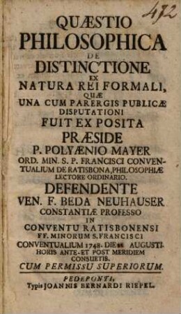 Quaestio Philosophica De Distinctione Ex Natura Rei Formali