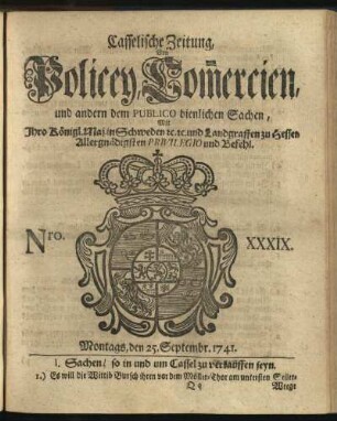 Nro. XXXIX, Montags, den 25. Septembr. 1741
