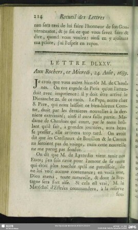 Lettre DLXXV. Aux Rochers, ce Mécredi, 24. Août, 1689