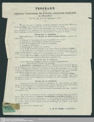 Programm für die allgemeine Versammlung der Deutschen Geologischen Gesellschaft in Dresden am 11., 12. und 13. September 1874