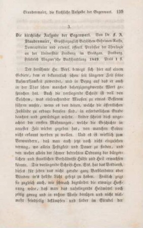 139-150 [Rezension] Staudenmaier, Franz Anton, Die kirchliche Aufgabe der Gegenwart