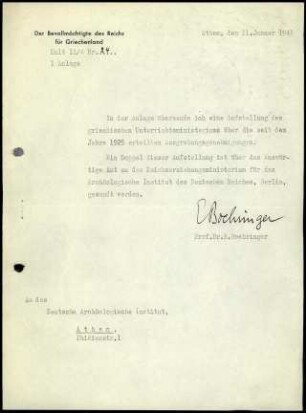 Anschreiben; E. Boehringer an DAI Athen