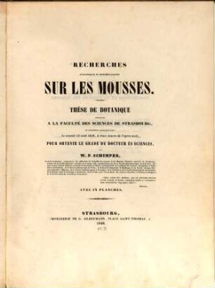 Recherches anatomiques et morphologiques sur les mousses : avec IX planches