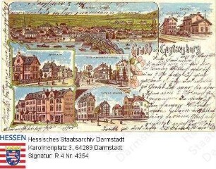 Gustavsburg, Panorama mit Mainbrücke bei Kostheim und Einzelansichten / Bahnhof; Bahnstraße; Partie der Altstadt; Straßenbild; Kolonialwarenhandlung Georg Rüger
